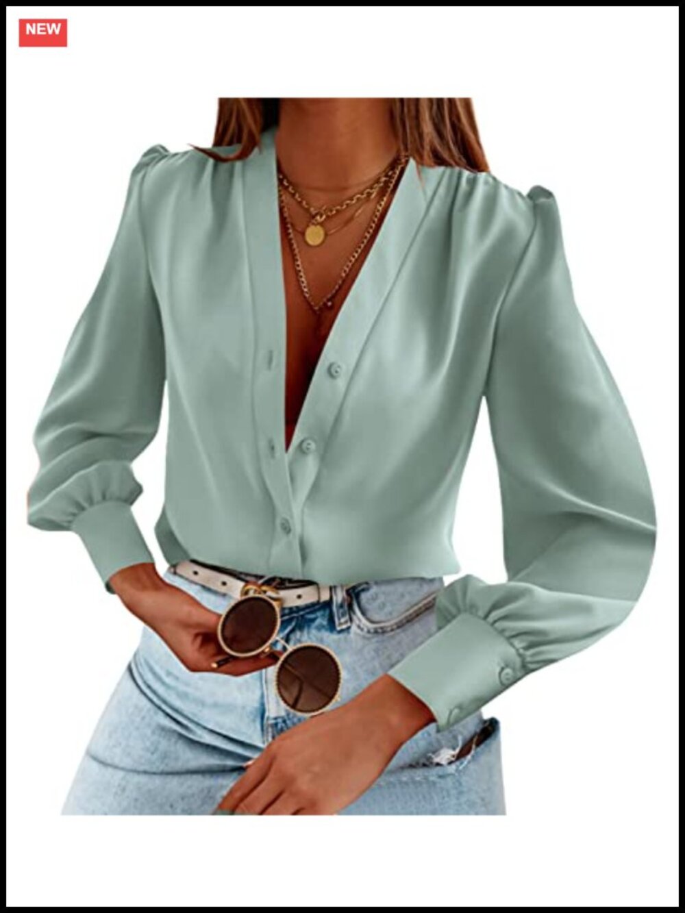 Women's Long Sleeve V-Neck Button Down Blouse Business Casual Top